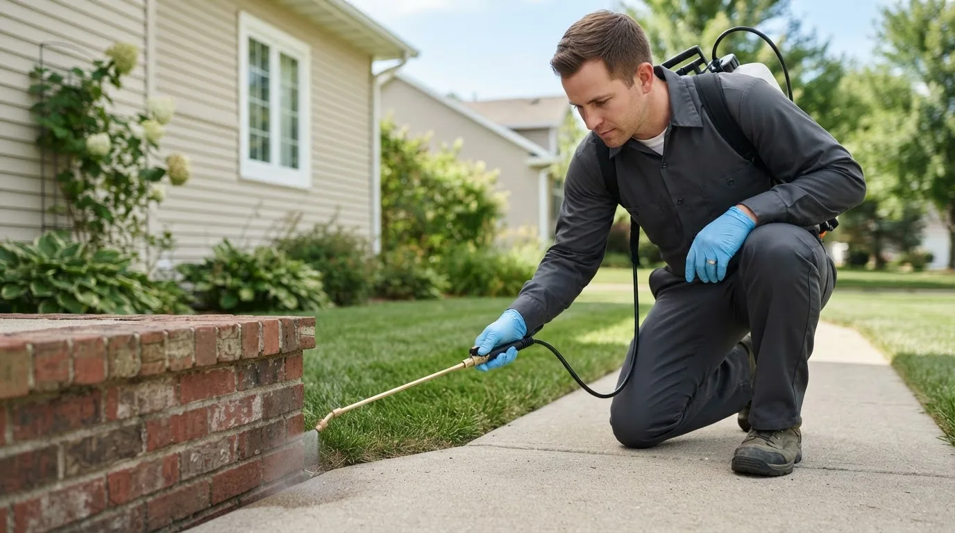 Pest control technician treating a home near Delta, OH