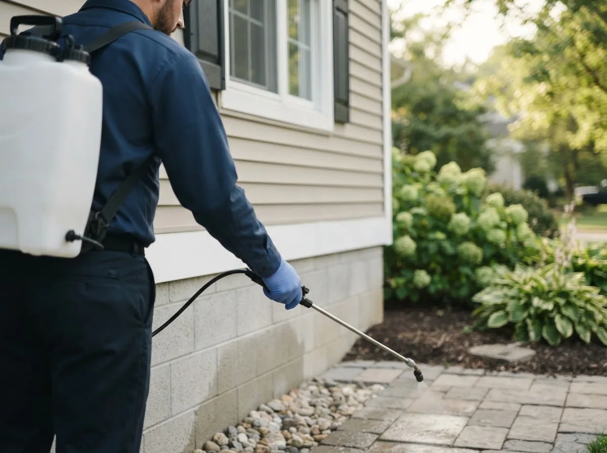Pest control technician inspecting a home in Delta, OH